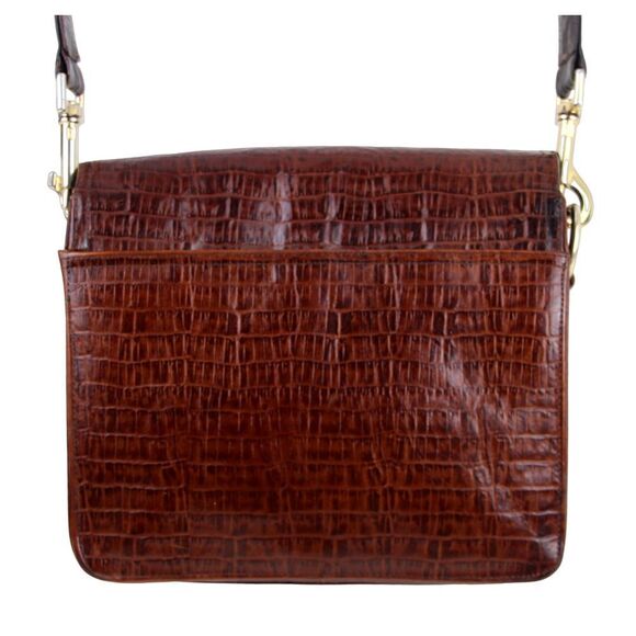 Neiman Marcus BROWN GENUINE LEATHER CROCO PRINT FLAP SHOULDER BAG X-BODY PURSE - Picture 6 of 15